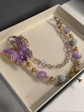 Purple Butterfly Beaded Purse Chain with Gold Accents,  Silver Hardware